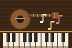 Pixel drawing of an oud with floating notes above a piano keyboard
