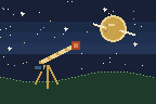 Pixel drawing of a brass telescope on a tripod under a night sky with a ringed planet