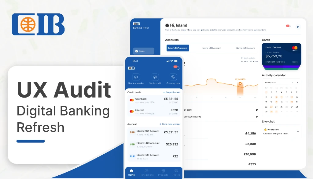 CIB case study: redesigned digital-banking dashboard and mobile screens labelled “UX audit — digital banking refresh”