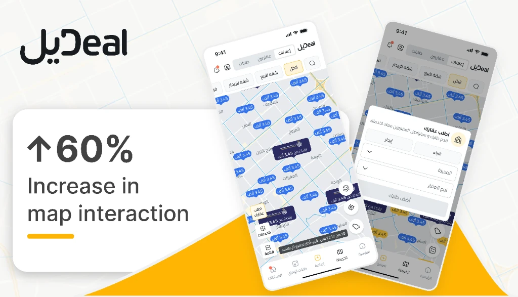 Deal App case study: Arabic property-map and filter screens beside the result “60% increase in map interaction”