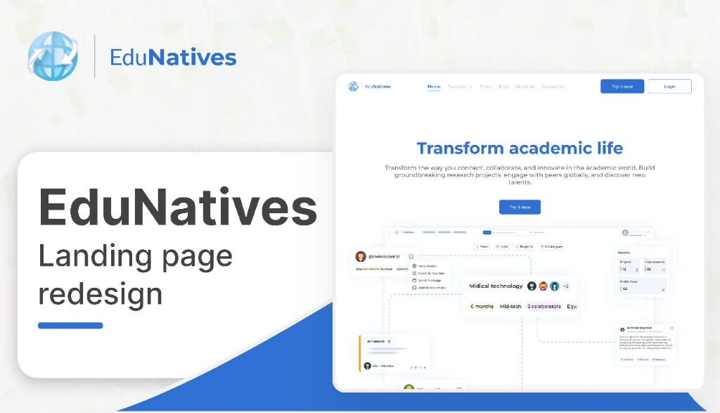 EduNatives case study: the redesigned academic learning-platform landing page, labelled “landing page redesign”
