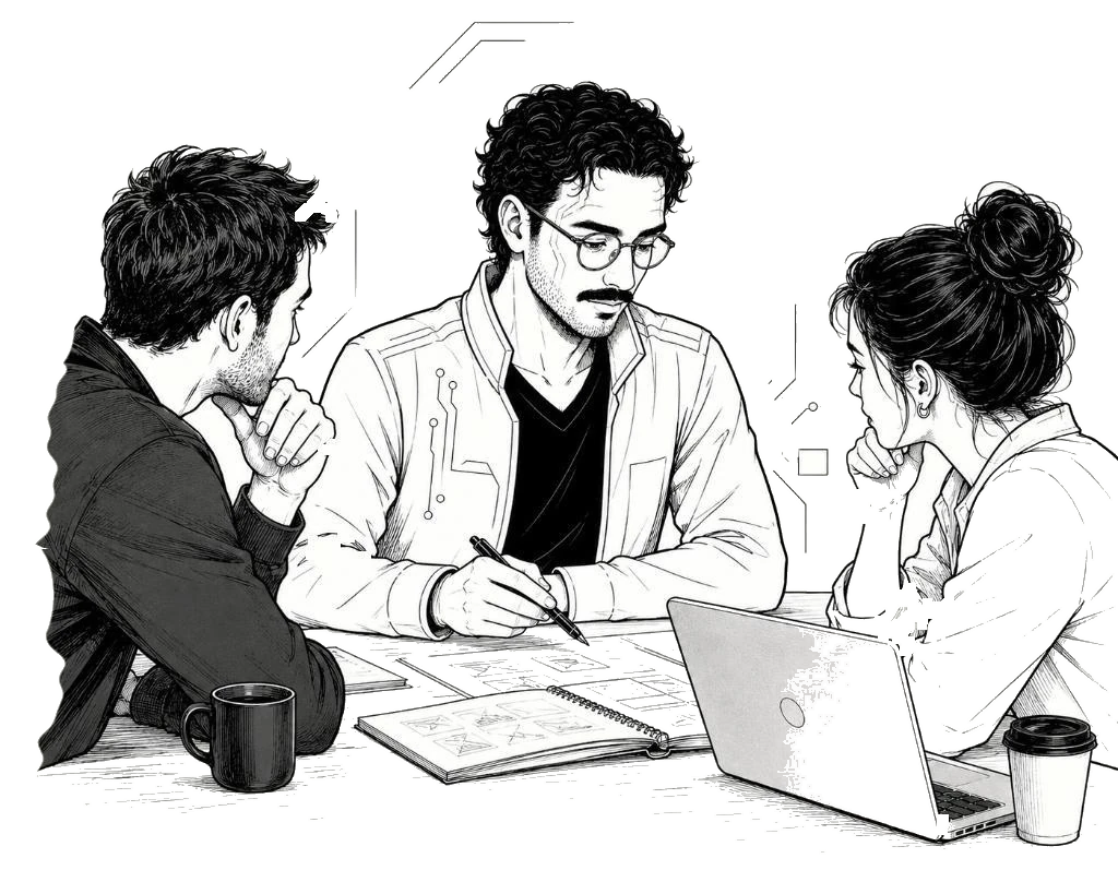 Line-art illustration of Islam Alsoultan in a 1:1 design mentorship session with two designers