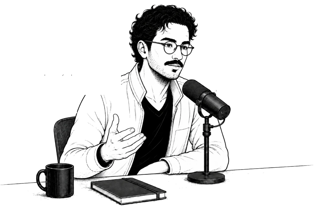 Line-art illustration of Islam Alsoultan recording a UXCorner podcast episode at a studio microphone