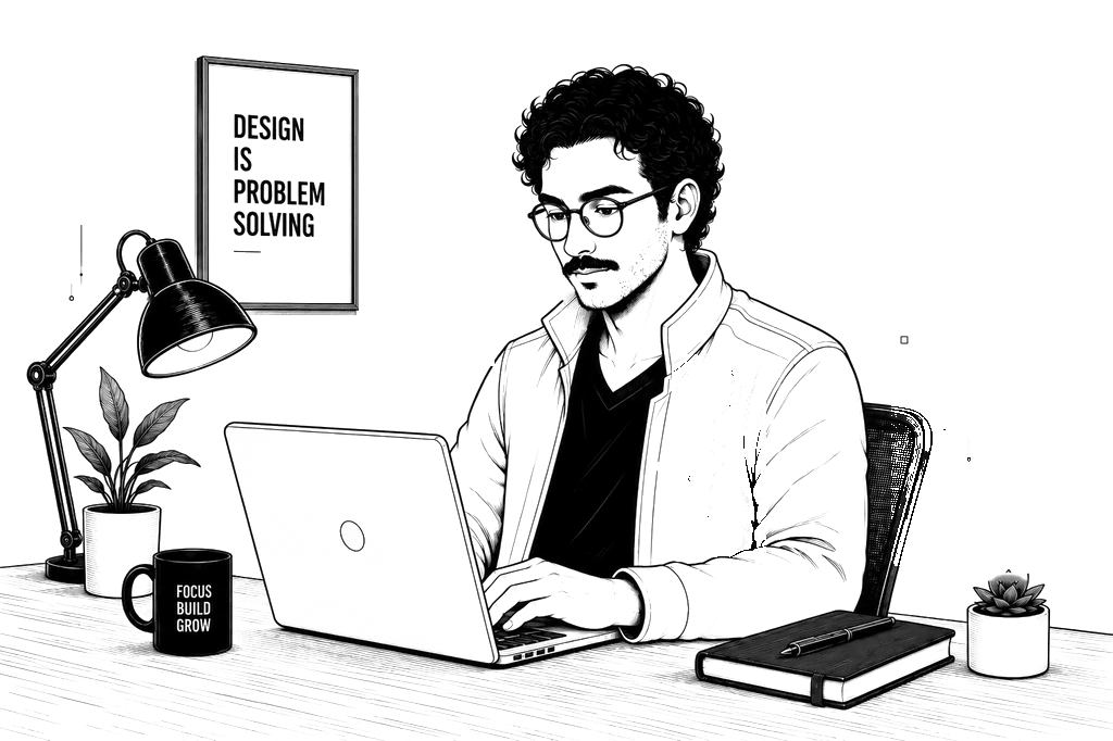 Line-art illustration of Islam Alsoultan designing at a desk under a poster reading “Design is problem solving”