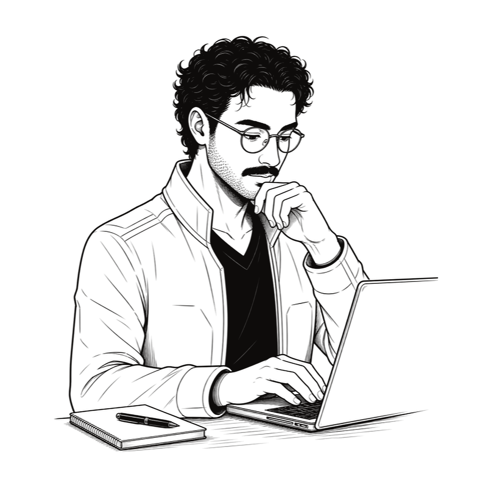 Line-art illustration of Islam Alsoultan thinking through design work at a laptop